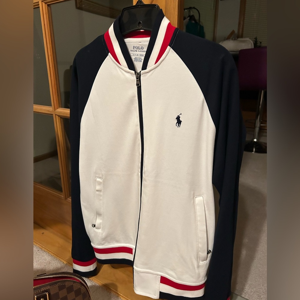 Polo Ralph Lauren women's full zip track jacket white navy blue sleeves red trim